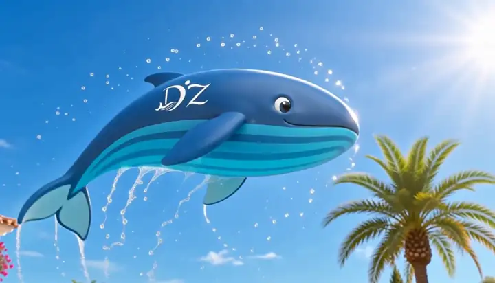 The D'Z whale from the Piscinas D'Martinez logo leaping over a pool