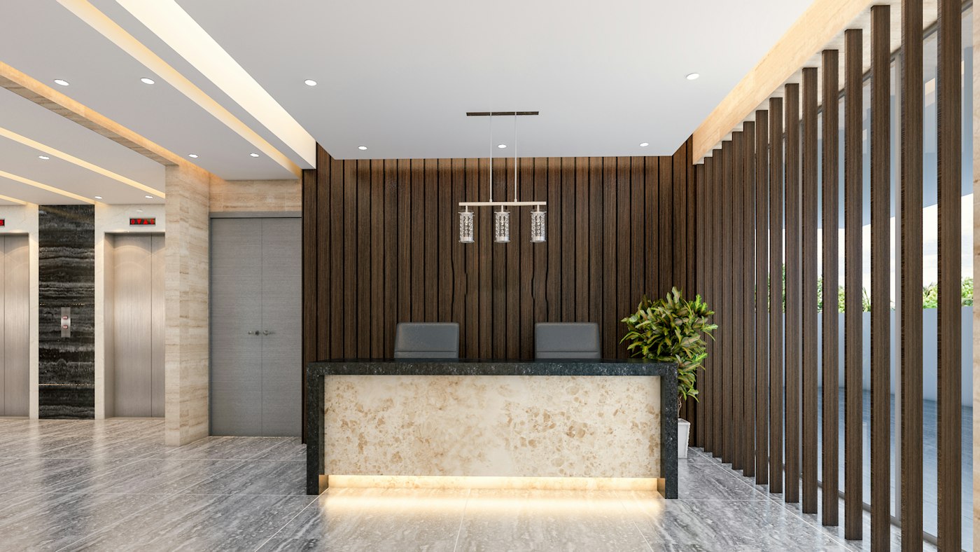 Reception area of a residential building, concierge desk