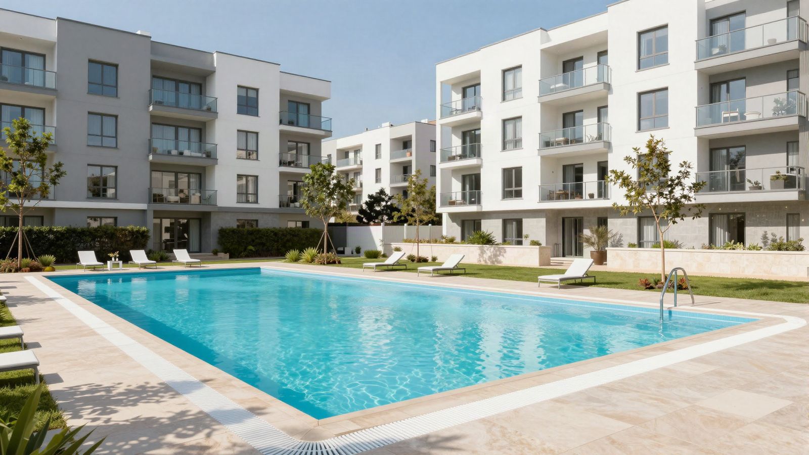 Piscina comunitaria en una urbanización moderna de bloques de pisos blancos
