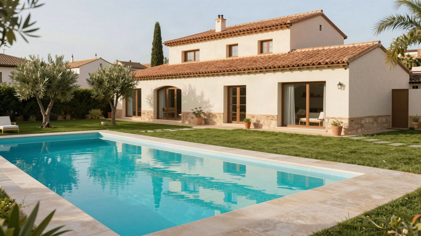Piscina privada en el jardín de un chalet con olivos y cipreses