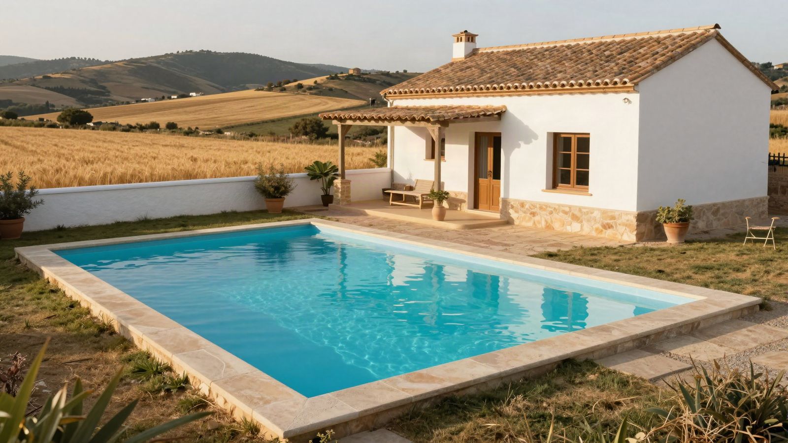 Piscina privada de un chalet de una planta junto a campos de cereal