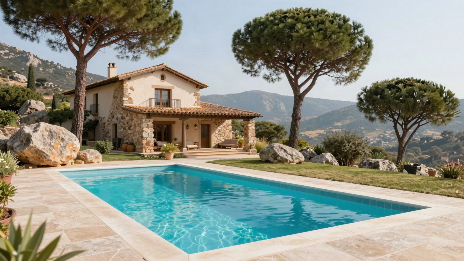 Piscina privada de un chalet de piedra entre pinos y rocas de granito, con la sierra al fondo