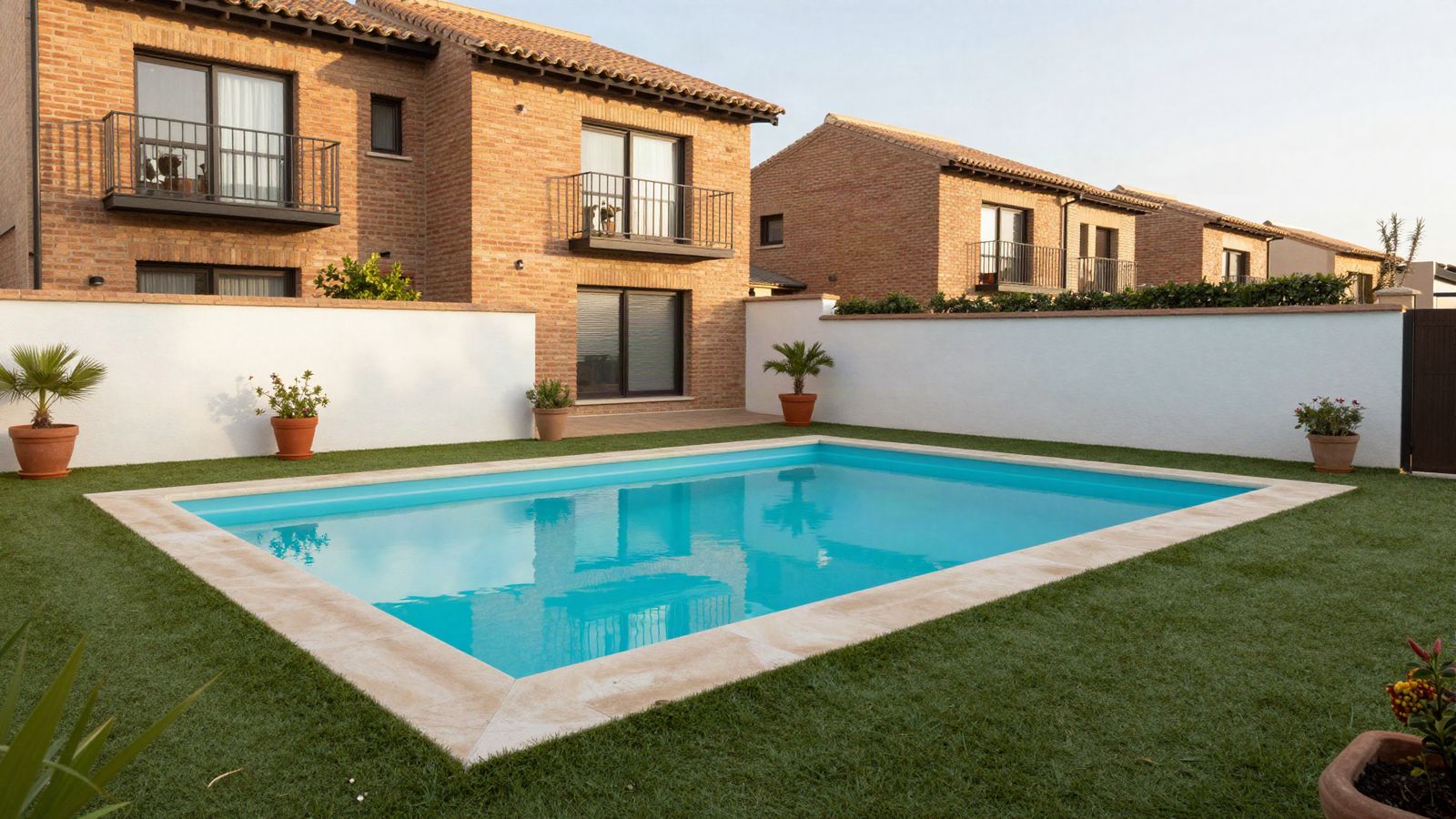 Piscina privada en el jardín trasero de un chalet adosado de ladrillo