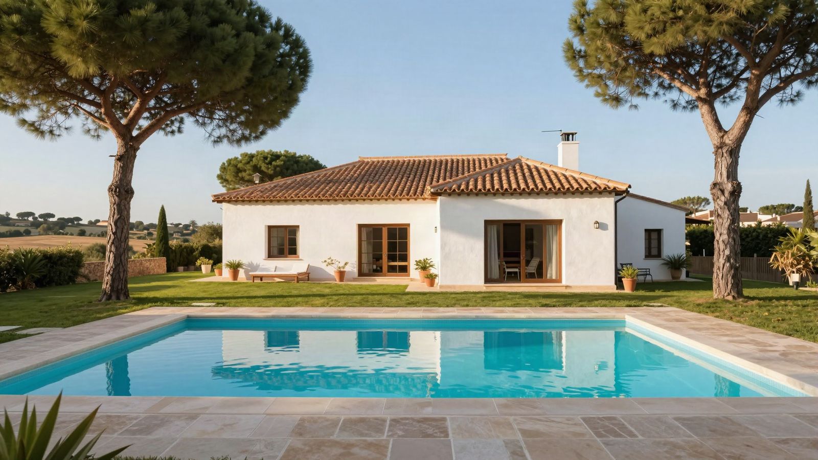 Piscina privada en la parcela de un chalet con pino y campo abierto