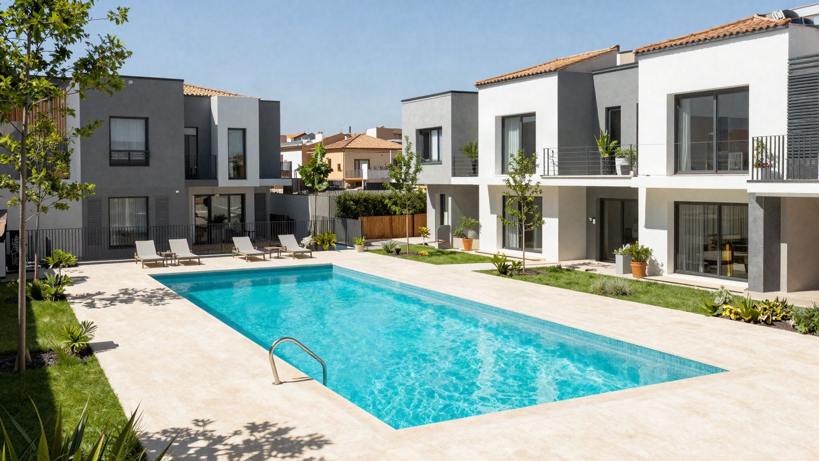 Piscina comunitaria en una urbanización moderna de adosados grises y blancos