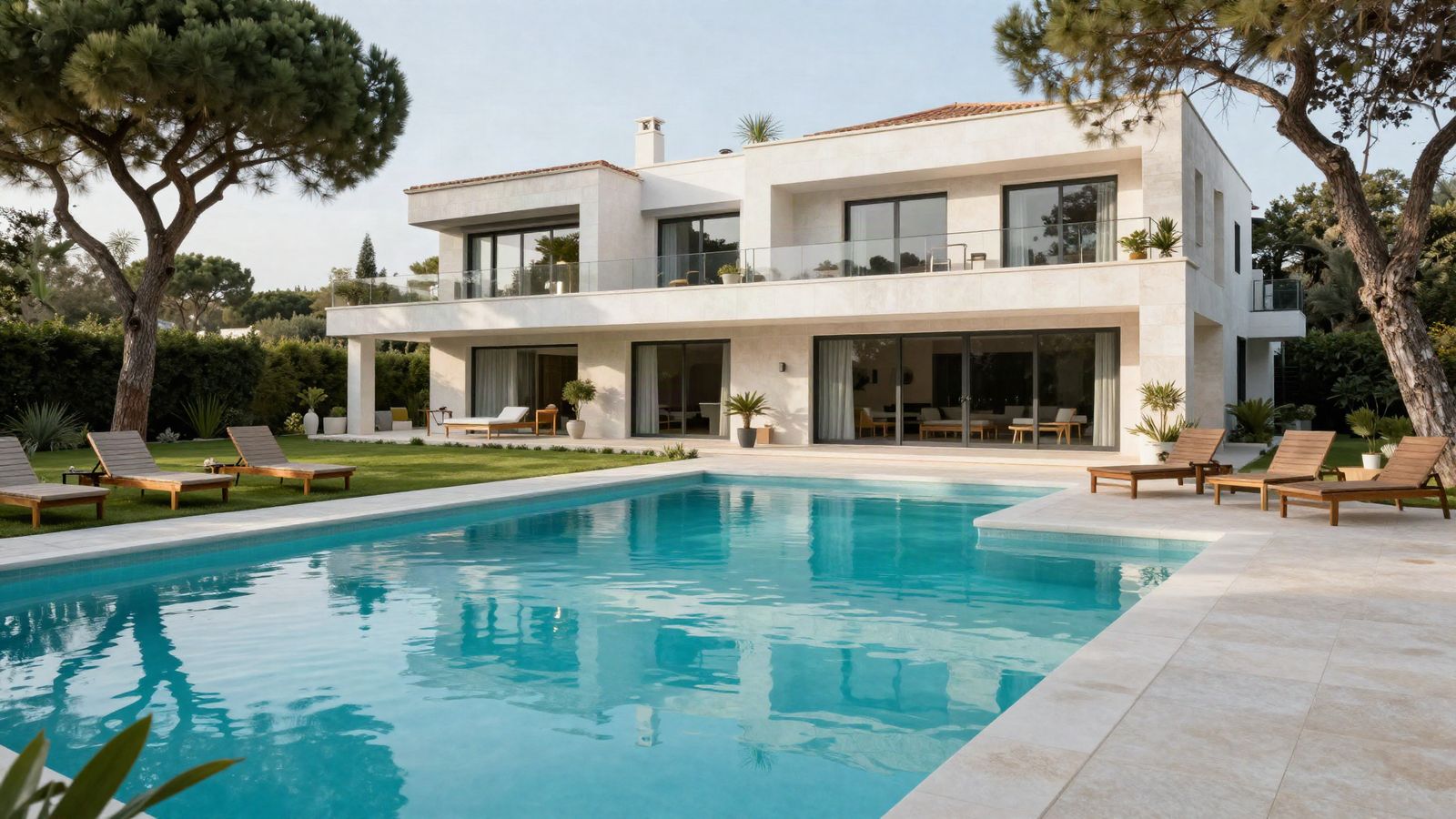 Piscina privada de una villa contemporánea rodeada de pinos