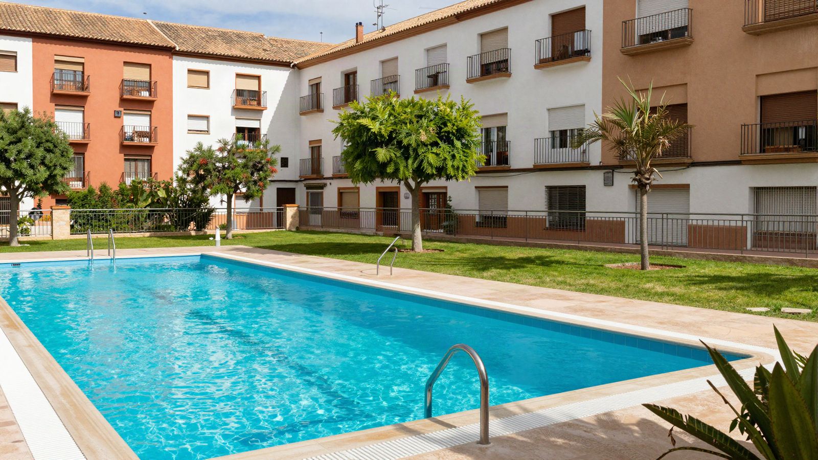 Piscina comunitaria en el patio interior de bloques de pisos con balcones