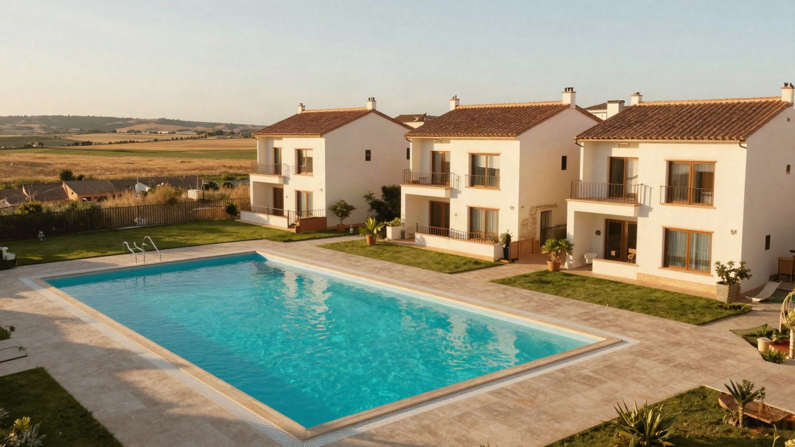 Piscina comunitaria de chalets adosados con la llanura al fondo