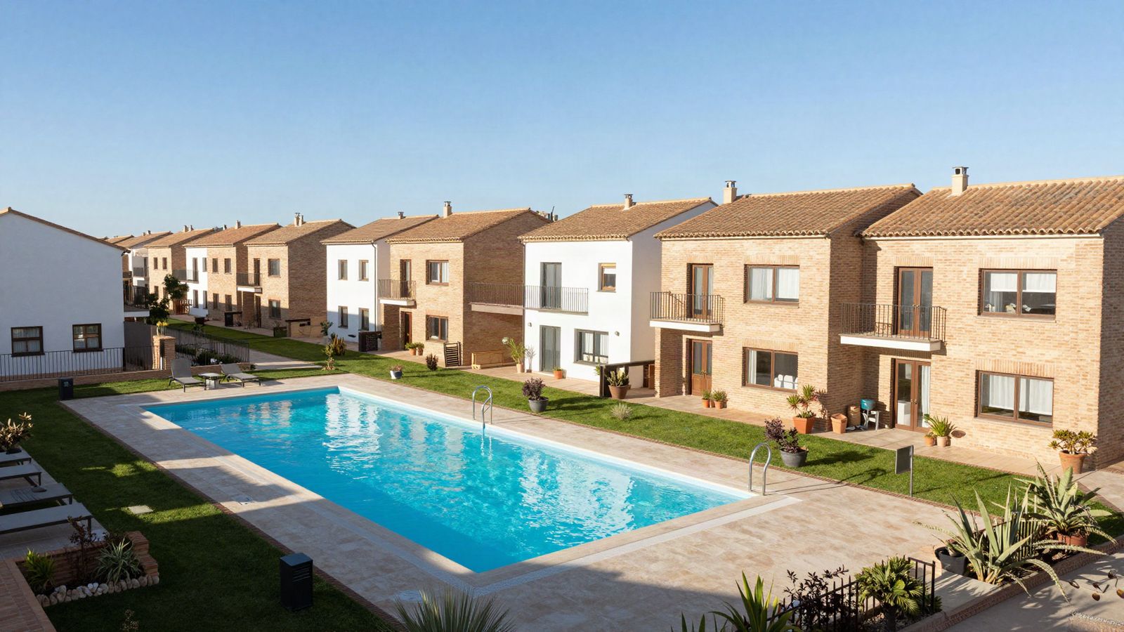 Vista elevada de la piscina comunitaria de una urbanización de adosados