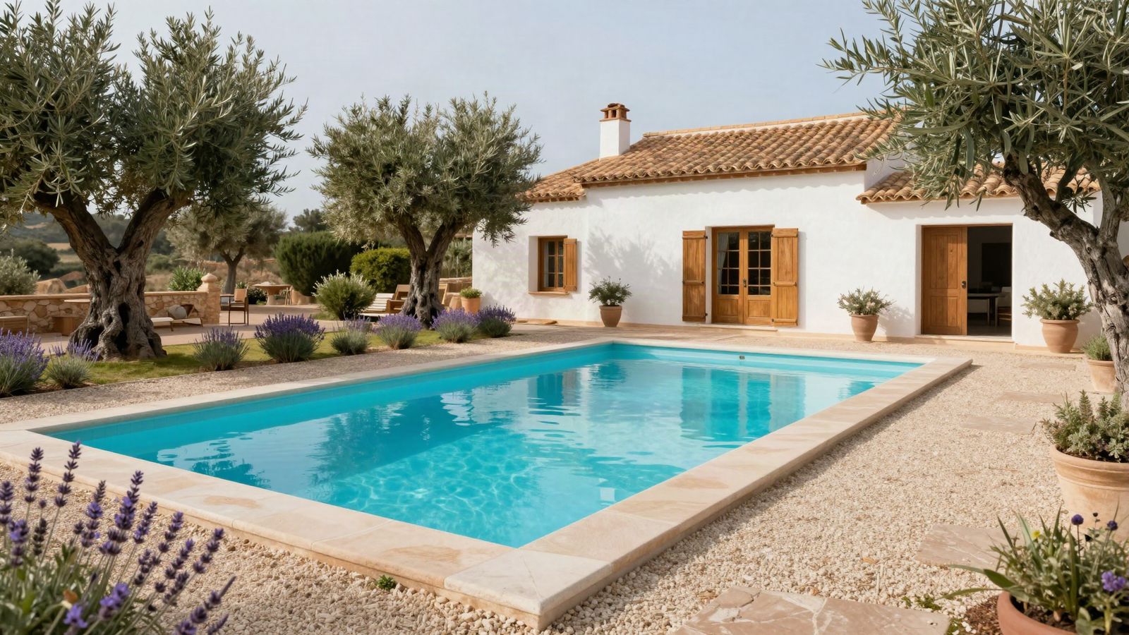 Private pool at a chalet with olive trees, lavender and gravel paths
