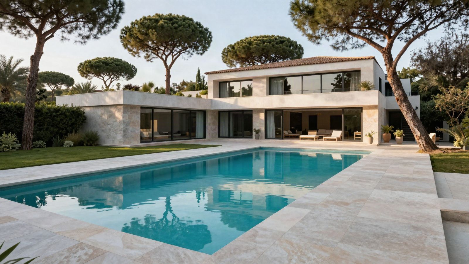 Piscina privada de una villa amplia entre pinos piñoneros