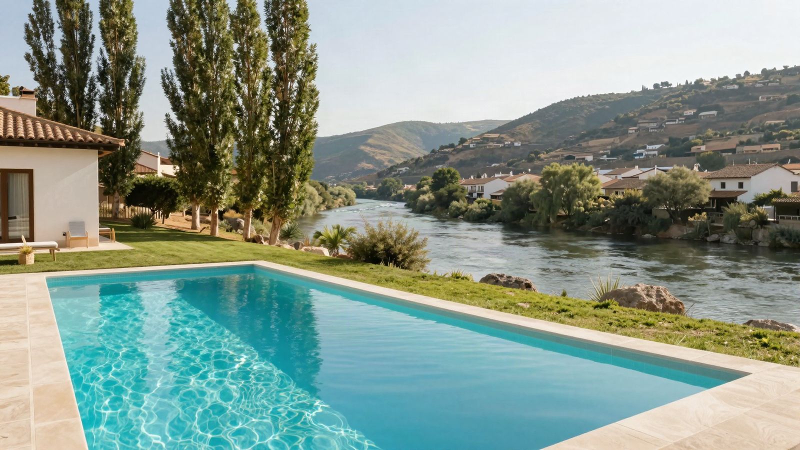 Private pool at a chalet by the river, with poplars and hills
