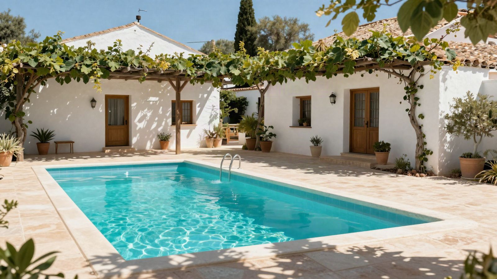 Piscina privada de una vivienda encalada con pérgola de parra