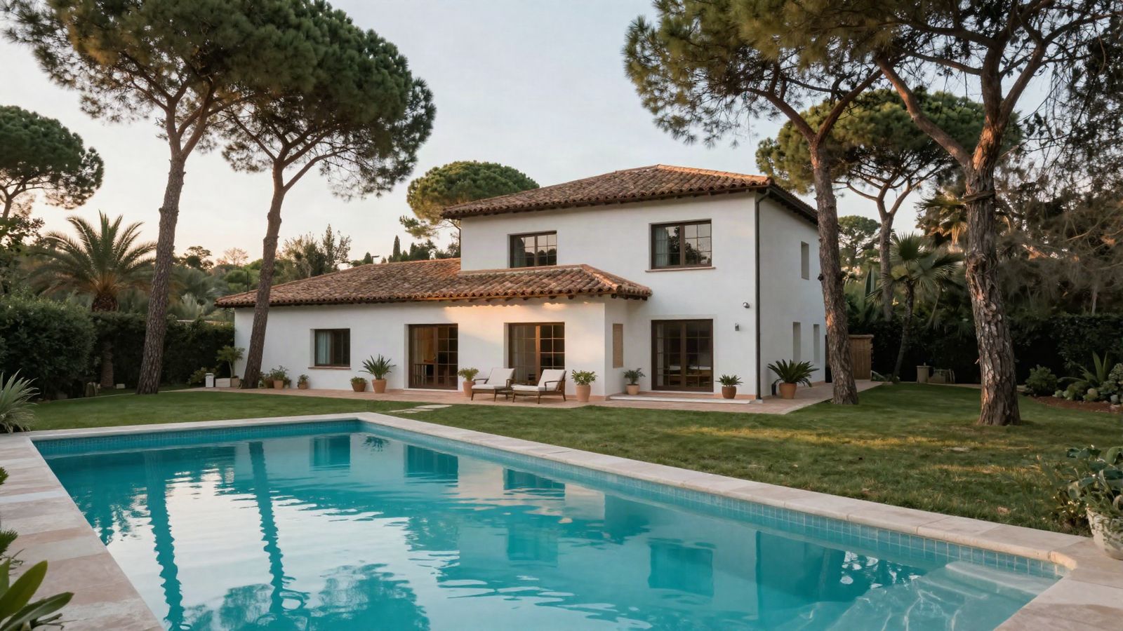 Piscina privada de una vivienda entre pinos