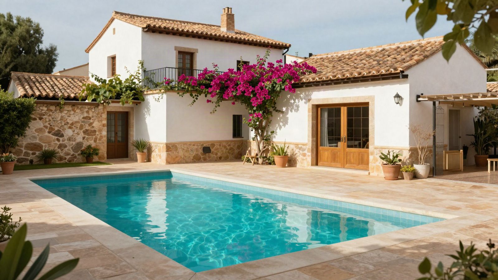 Private pool in the walled garden of a chalet with bougainvillea