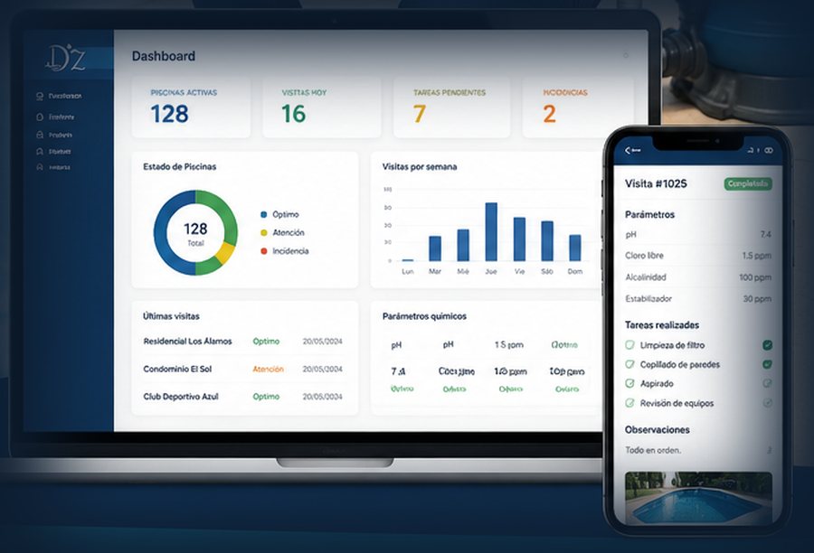 Piscinas D'Martinez control panel: active pools, visits, tasks and incidents in real time, on computer and mobile